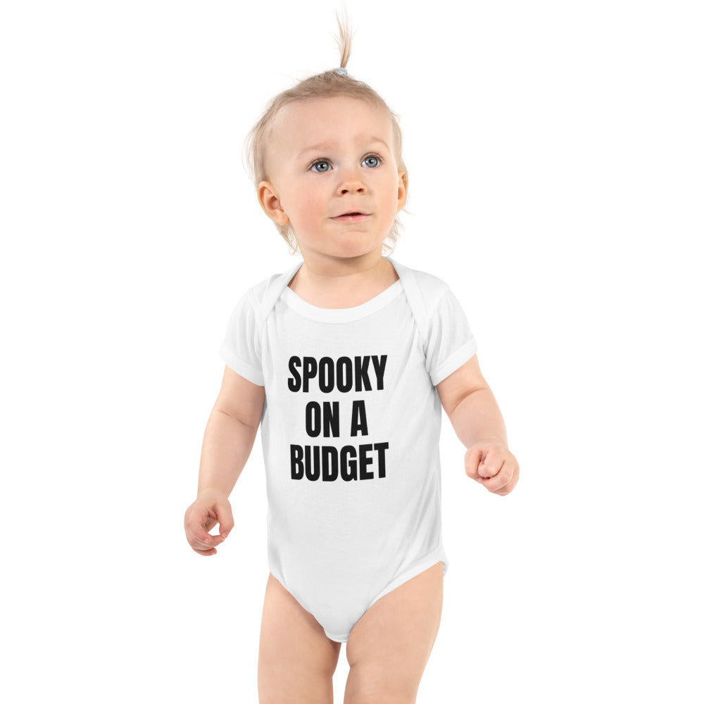 SPOOKY ON A BUDGET baby bodysuit, white