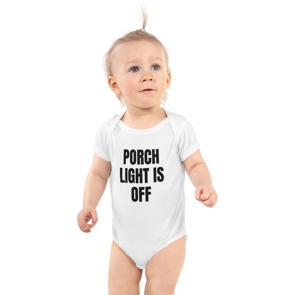 PORCH LIGHT IS OFF baby bodysuit, white