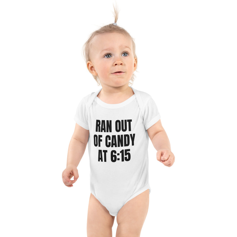 RAN OUT OF CANDY AT 6:15 baby bodysuit, white