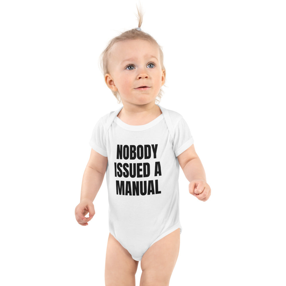 NOBODY ISSUED A MANUAL baby bodysuit, white
