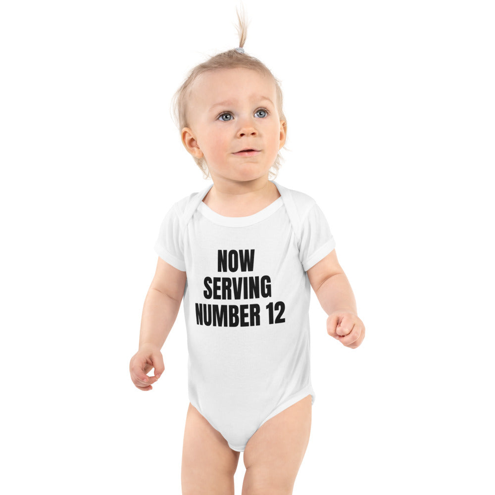 NOW SERVING NUMBER 12 baby bodysuit, white
