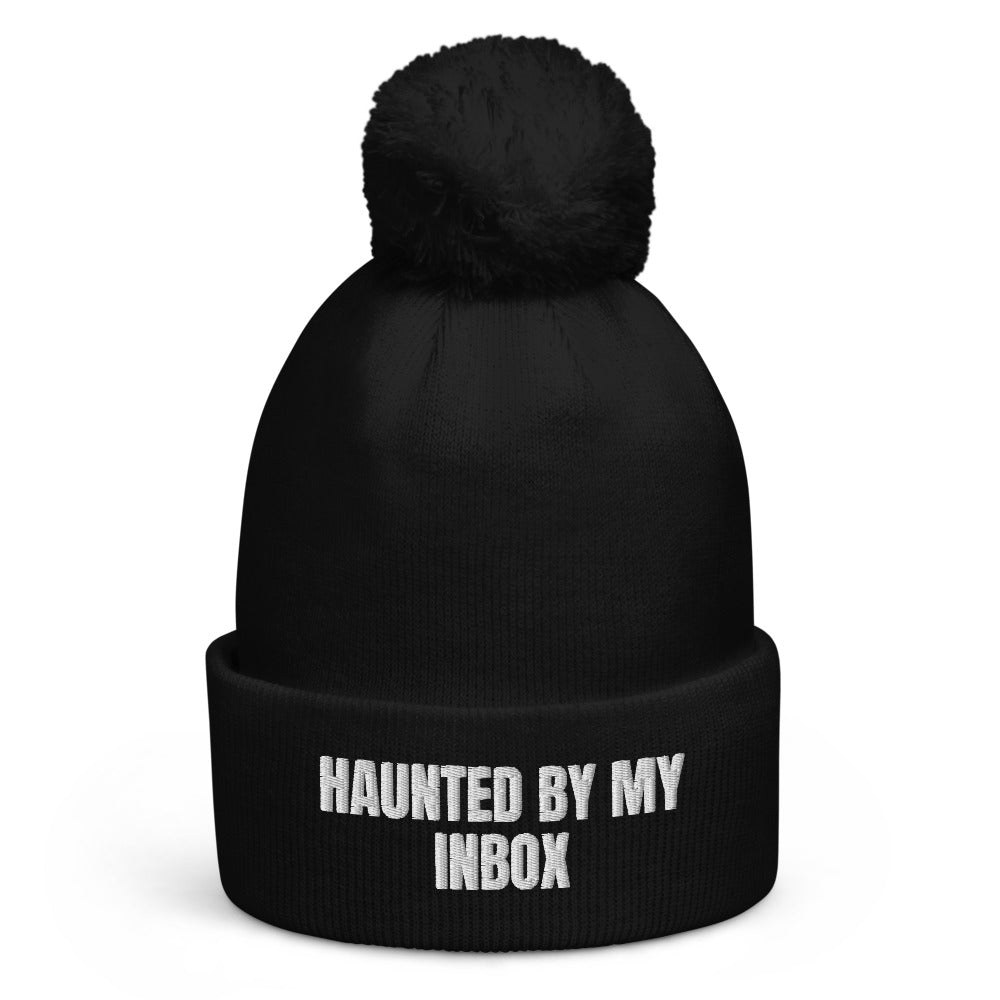 HAUNTED BY MY INBOX pom-pom beanie, black