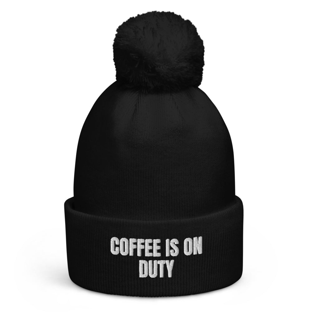 COFFEE IS ON DUTY pom-pom beanie, black
