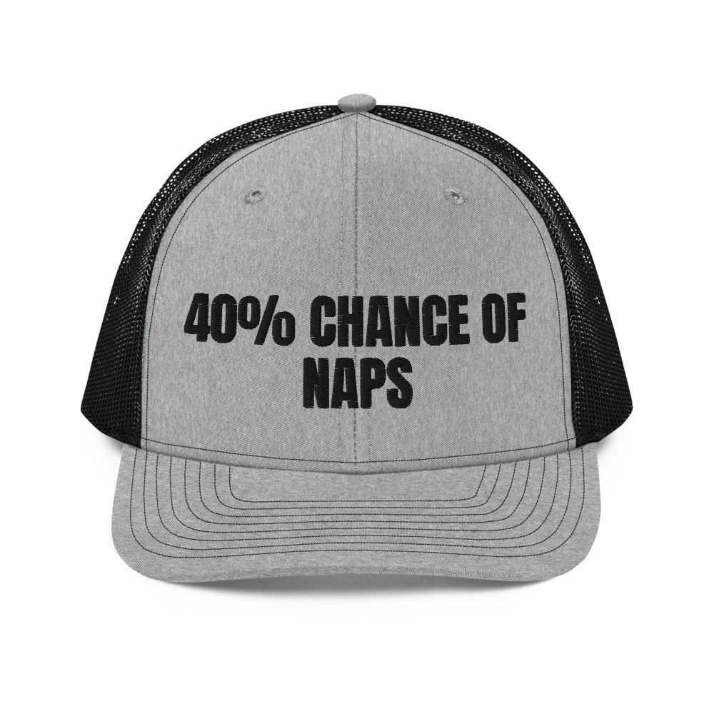 40% CHANCE OF NAPS trucker hat, heather grey / black