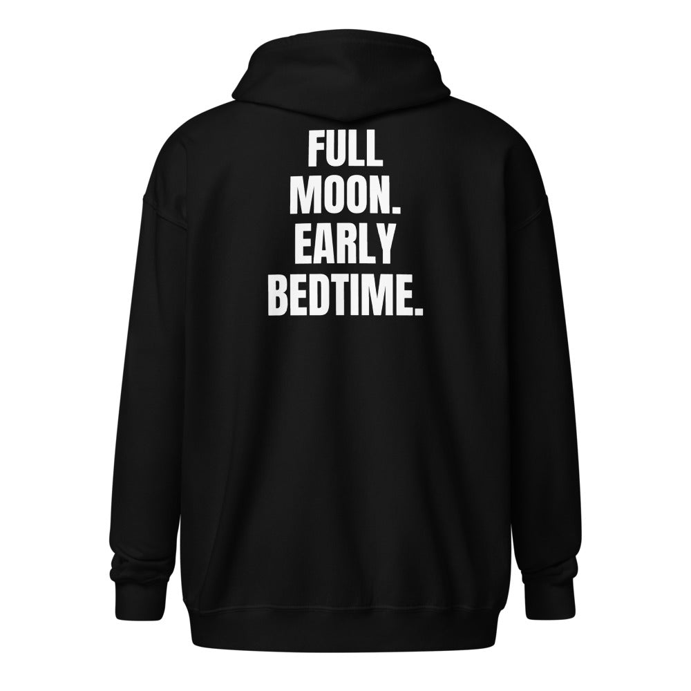 FULL MOON. EARLY BEDTIME. zip hoodie, black