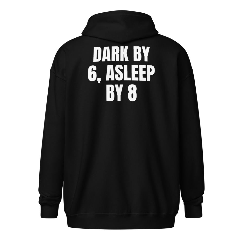 DARK BY 6, ASLEEP BY 8 zip hoodie, black