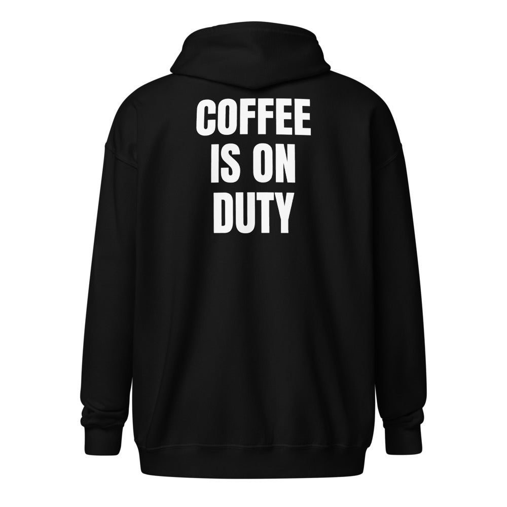 COFFEE IS ON DUTY zip hoodie, black