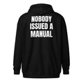 NOBODY ISSUED A MANUAL zip hoodie, black