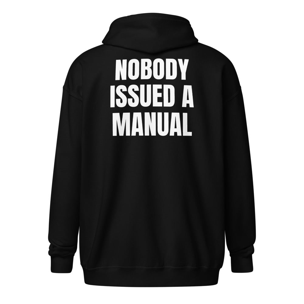 NOBODY ISSUED A MANUAL zip hoodie, black