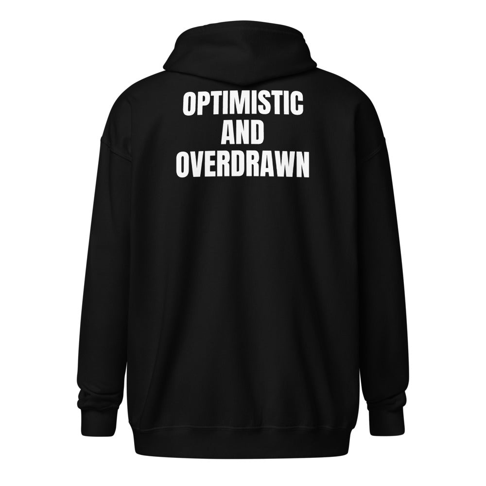 OPTIMISTIC AND OVERDRAWN zip hoodie, black