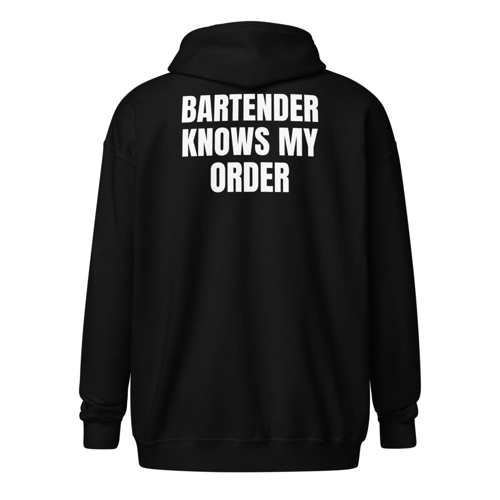 BARTENDER KNOWS MY ORDER zip hoodie, black