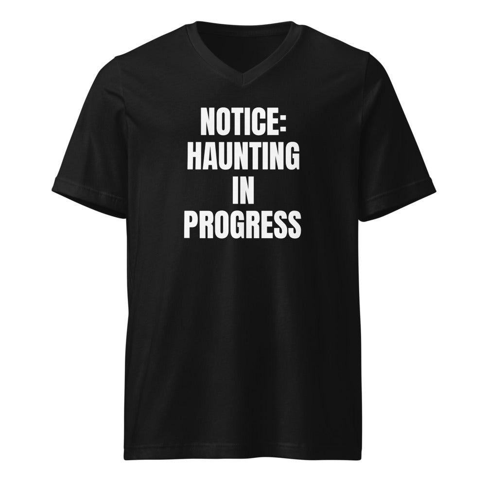 NOTICE: HAUNTING IN PROGRESS v-neck tee, black