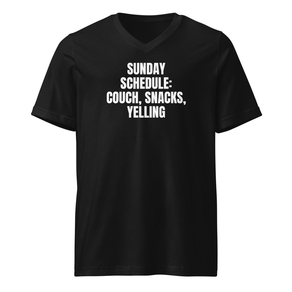 SUNDAY SCHEDULE: COUCH, SNACKS, YELLING v-neck tee, black