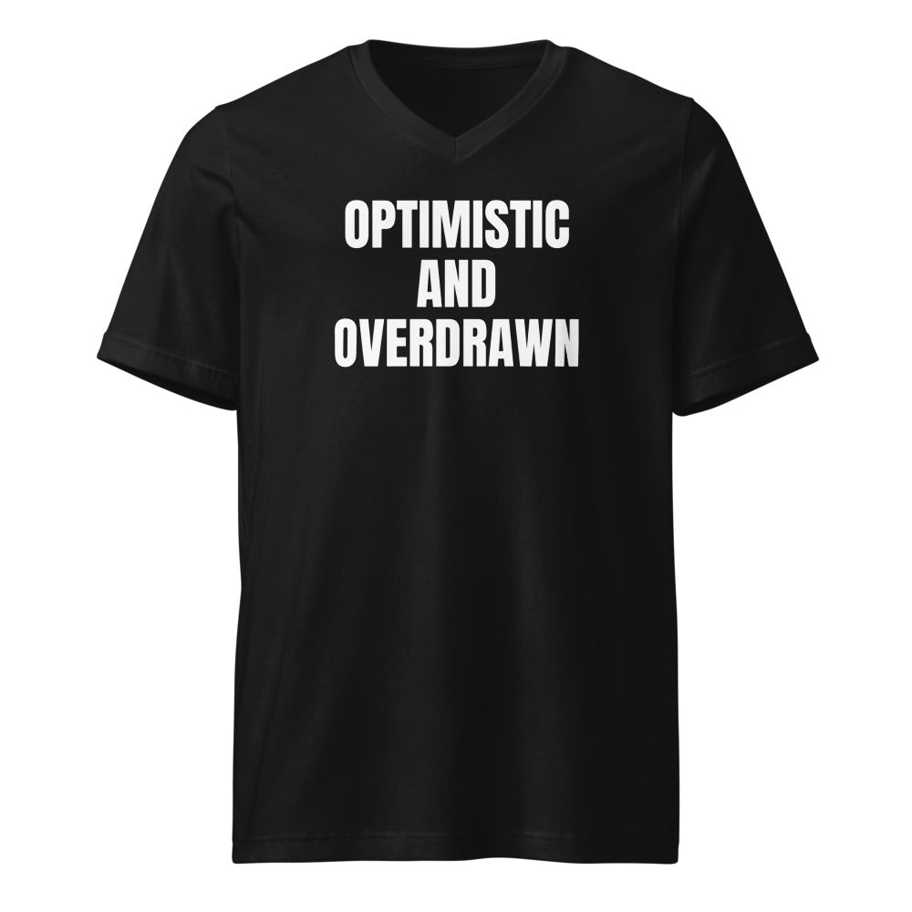 OPTIMISTIC AND OVERDRAWN v-neck tee, black