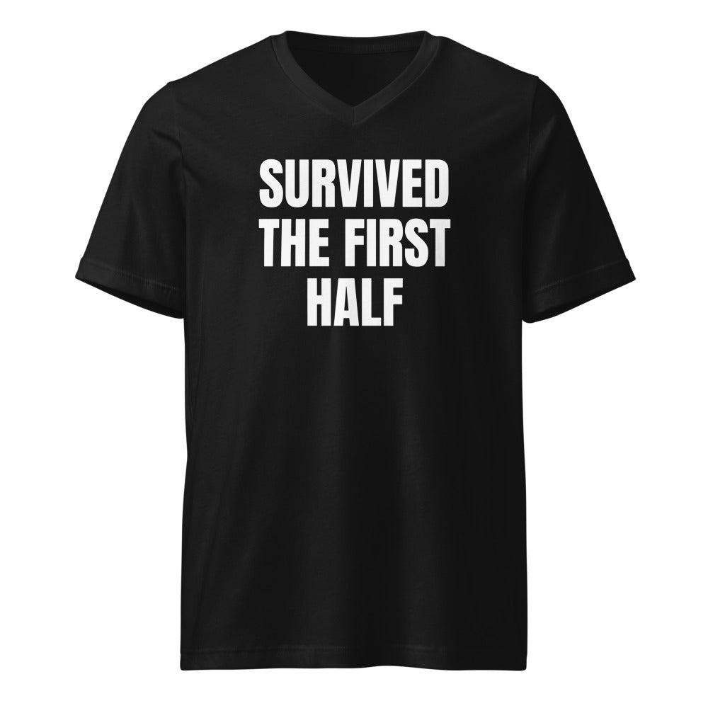 SURVIVED THE FIRST HALF v-neck tee, black