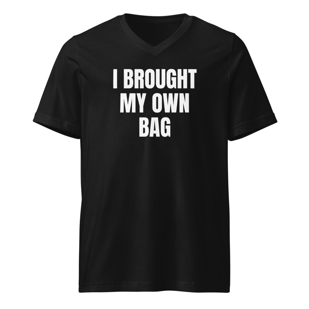 I BROUGHT MY OWN BAG v-neck tee, black