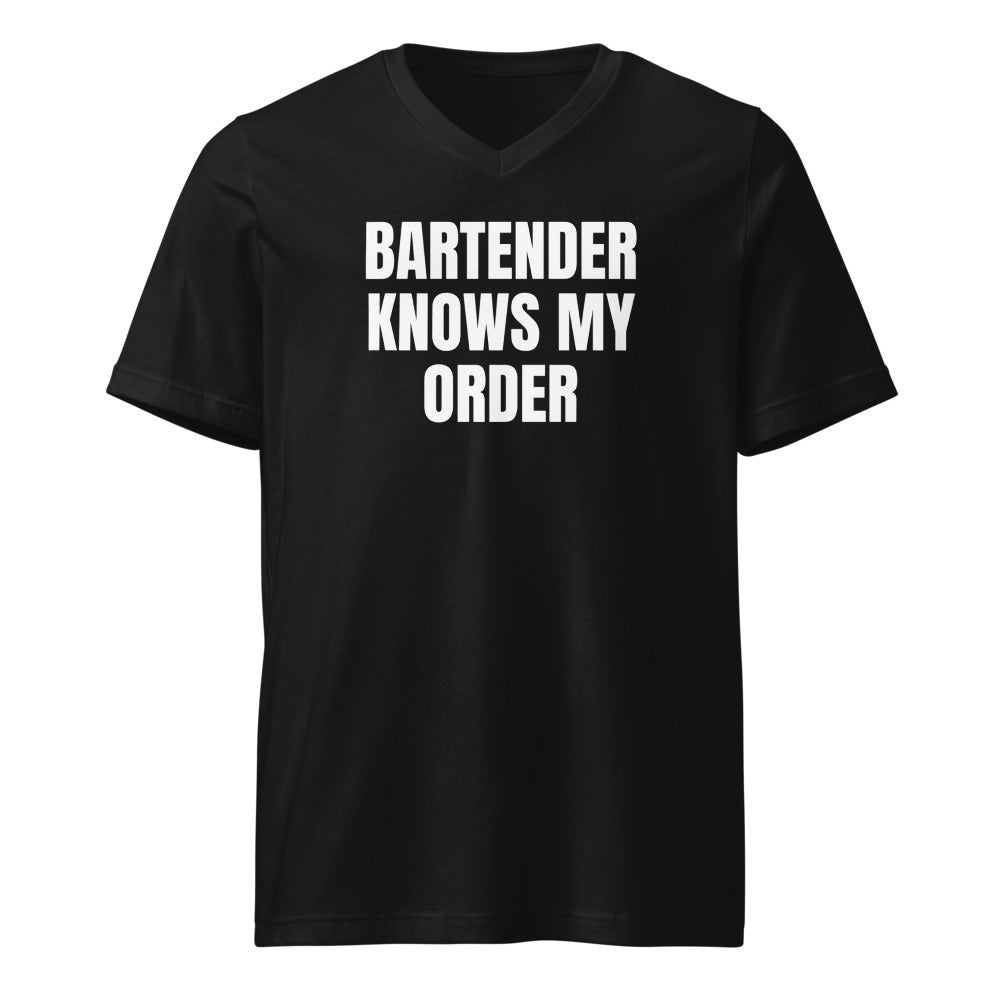 BARTENDER KNOWS MY ORDER v-neck tee, black