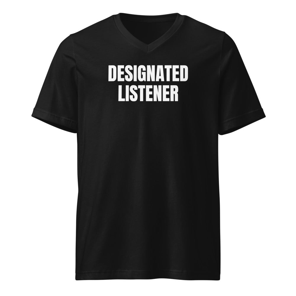 DESIGNATED LISTENER v-neck tee, black