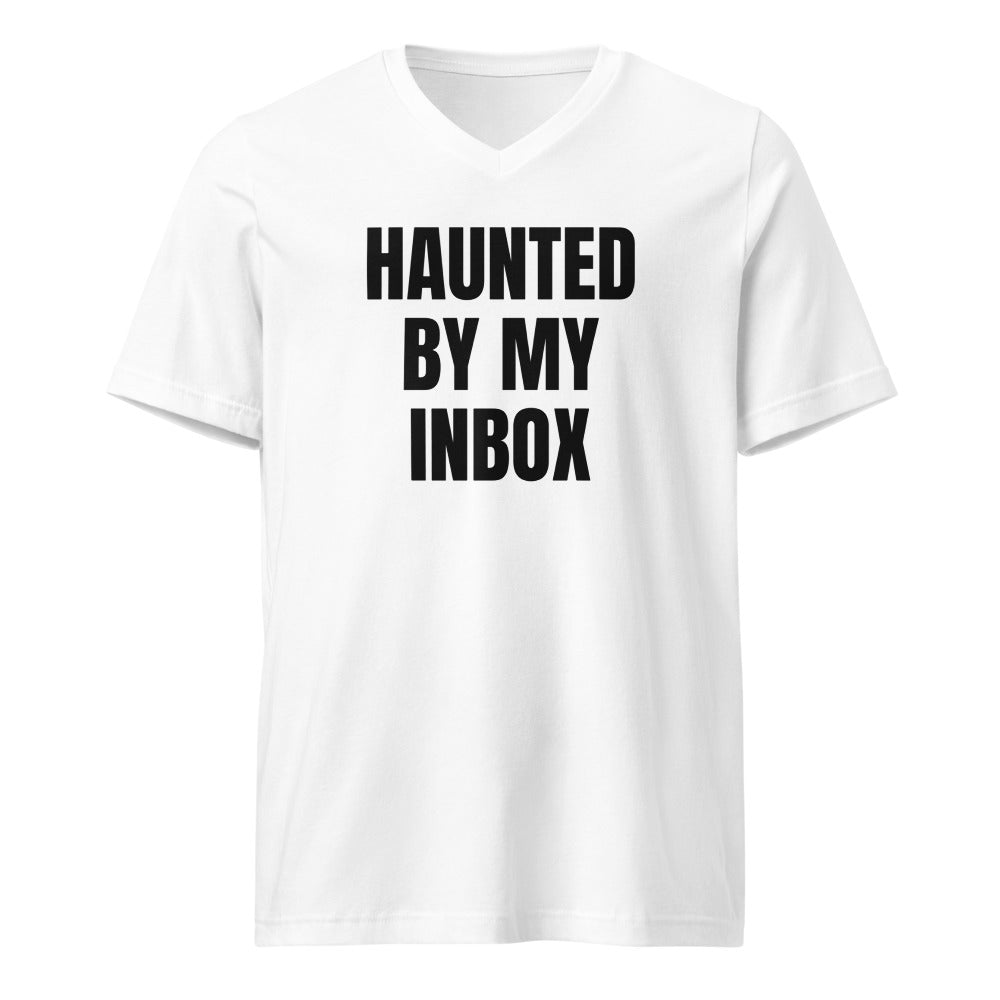 HAUNTED BY MY INBOX v-neck tee, white