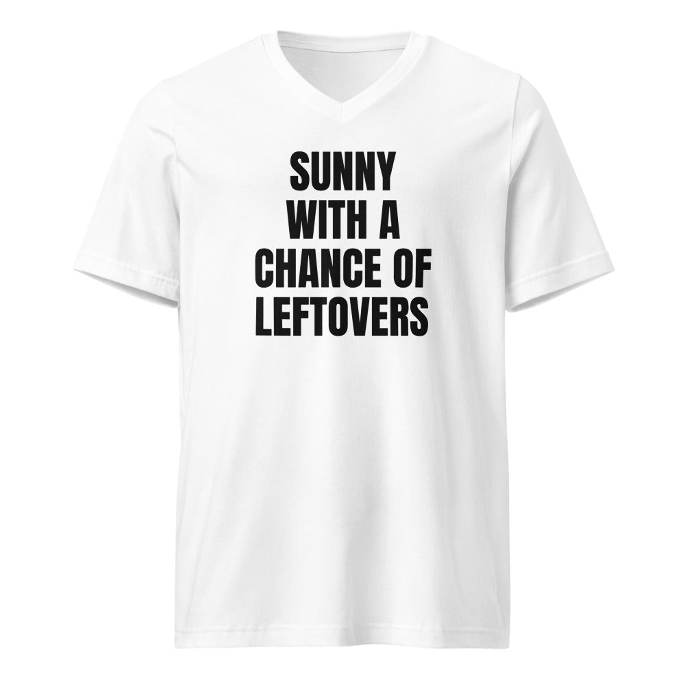SUNNY WITH A CHANCE OF LEFTOVERS v-neck tee, white