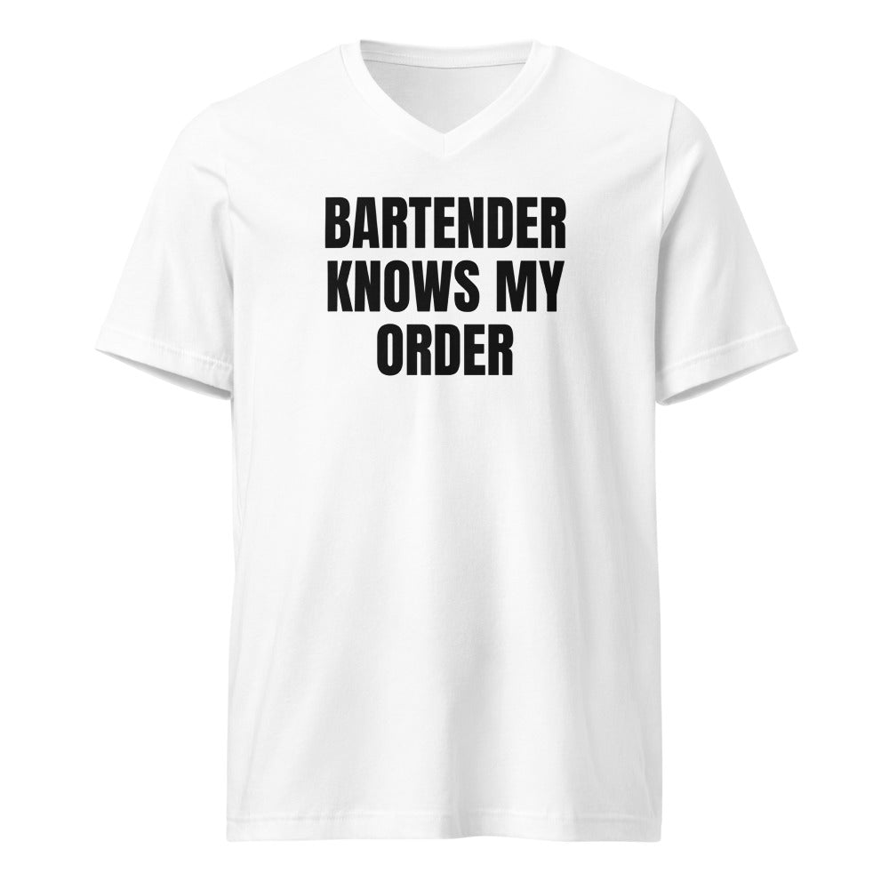 BARTENDER KNOWS MY ORDER v-neck tee, white