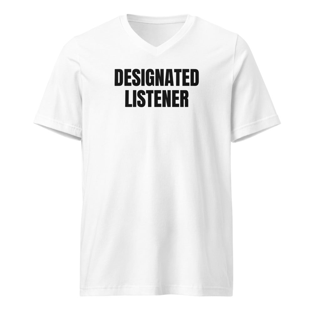 DESIGNATED LISTENER v-neck tee, white