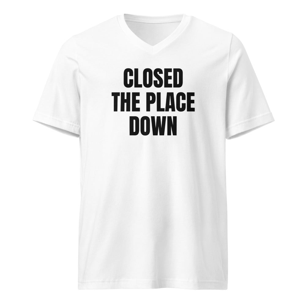 CLOSED THE PLACE DOWN v-neck tee, white