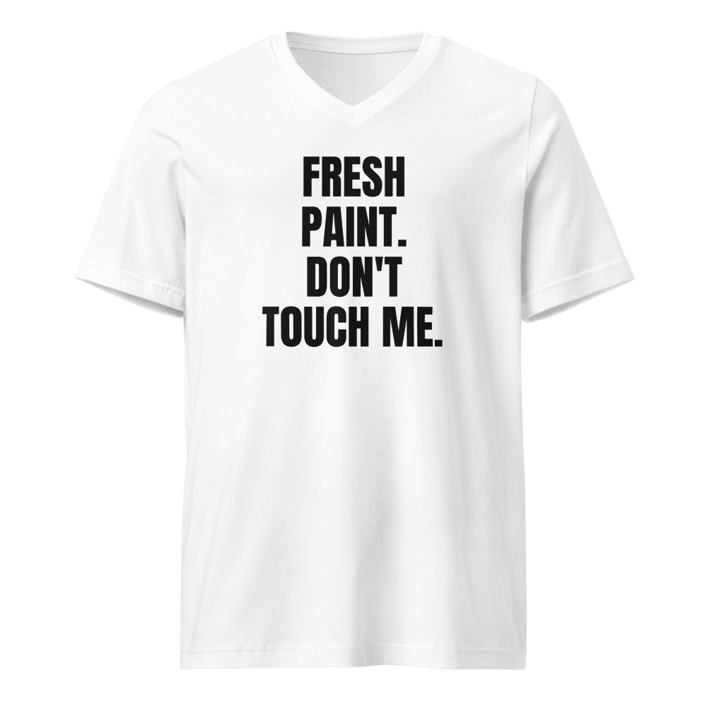 FRESH PAINT. DON'T TOUCH ME. v-neck tee, white