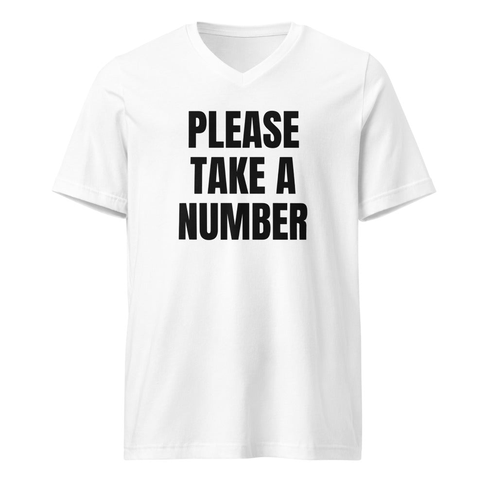 PLEASE TAKE A NUMBER v-neck tee, white