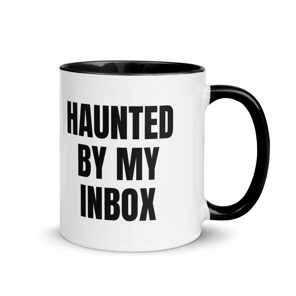 HAUNTED BY MY INBOX two-tone mug, black