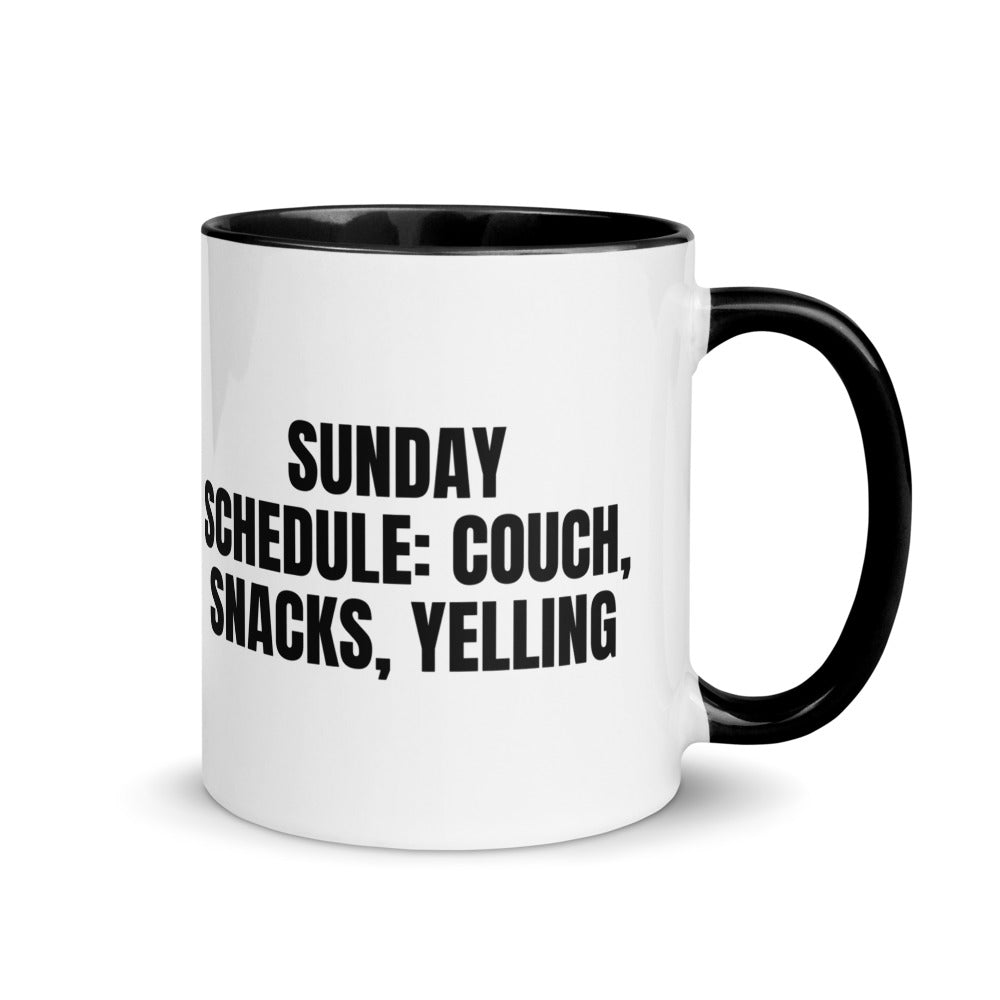 SUNDAY SCHEDULE: COUCH, SNACKS, YELLING two-tone mug, black