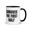SURVIVED THE FIRST HALF two-tone mug, black