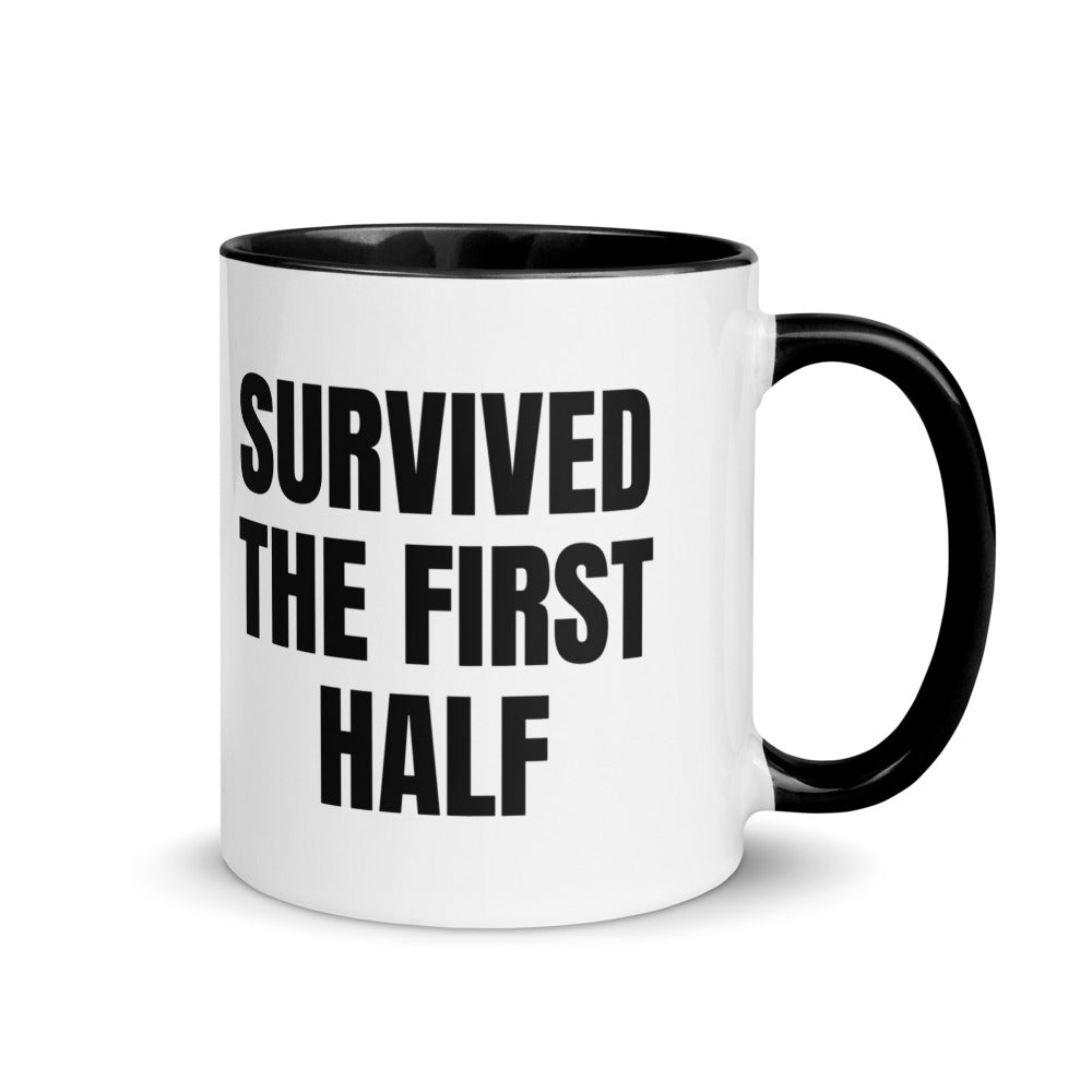 SURVIVED THE FIRST HALF two-tone mug, black