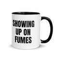 SHOWING UP ON FUMES two-tone mug, black