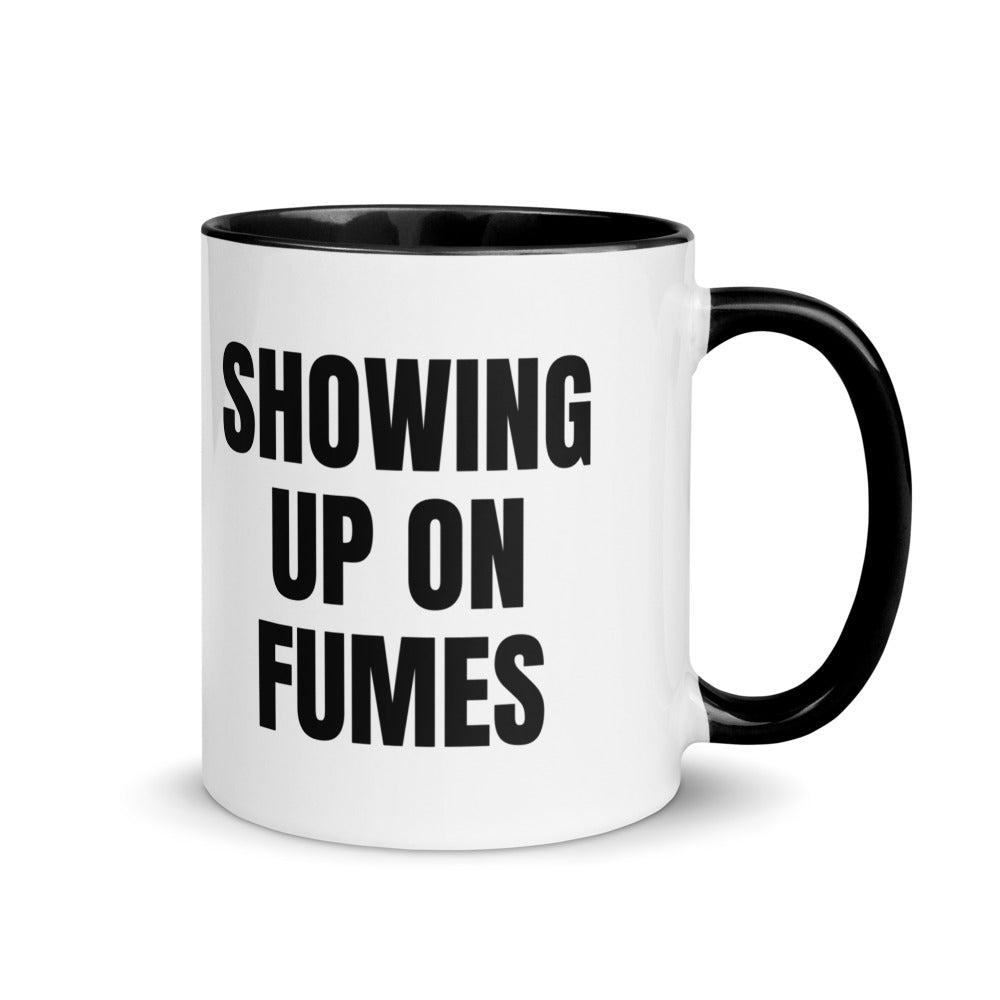 SHOWING UP ON FUMES two-tone mug, black