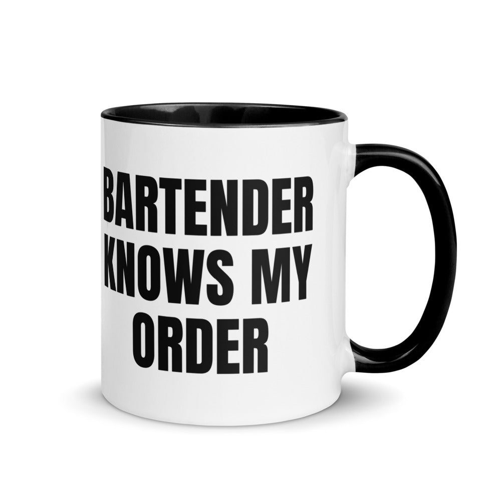 BARTENDER KNOWS MY ORDER two-tone mug, black