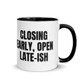 CLOSING EARLY, OPEN LATE-ISH two-tone mug, black