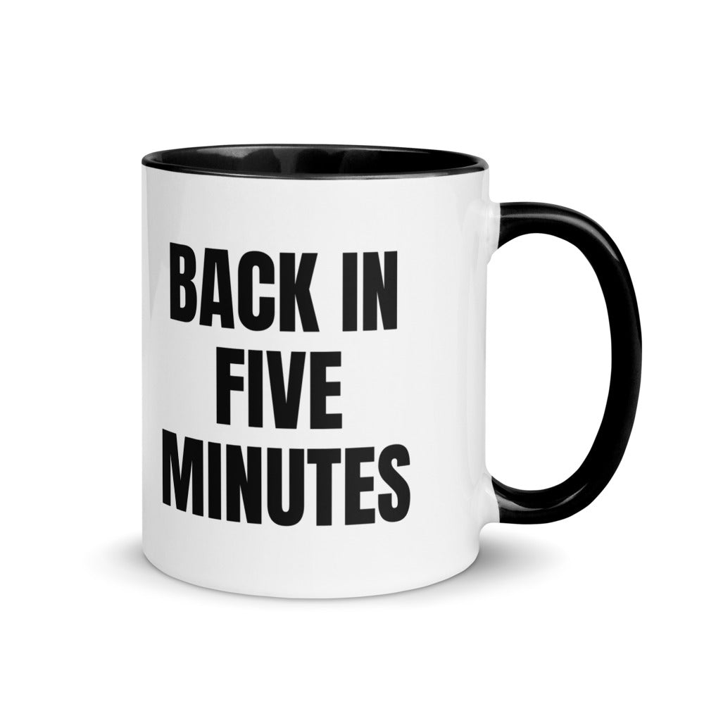 BACK IN FIVE MINUTES two-tone mug, black