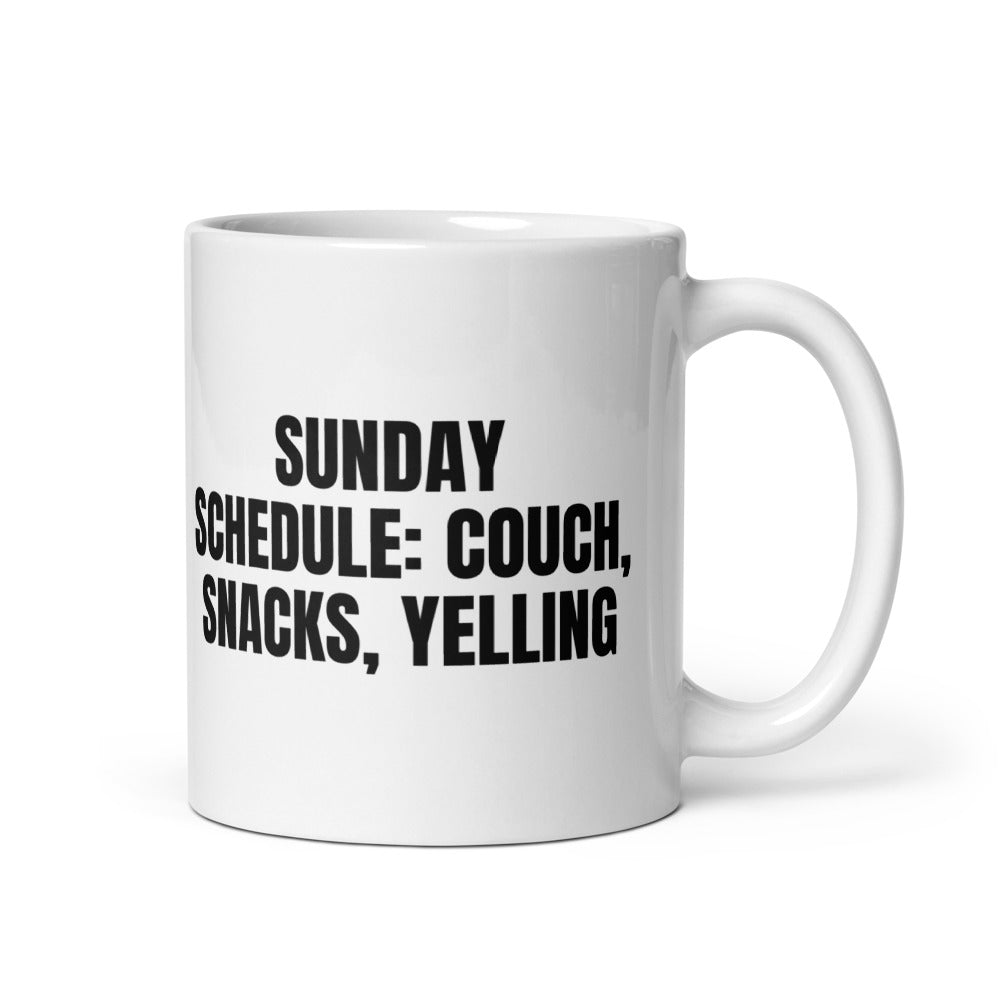 SUNDAY SCHEDULE: COUCH, SNACKS, YELLING mug, white