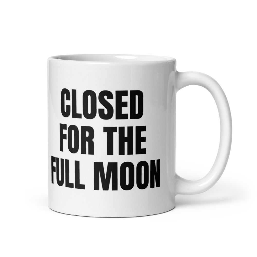 CLOSED FOR THE FULL MOON mug, white