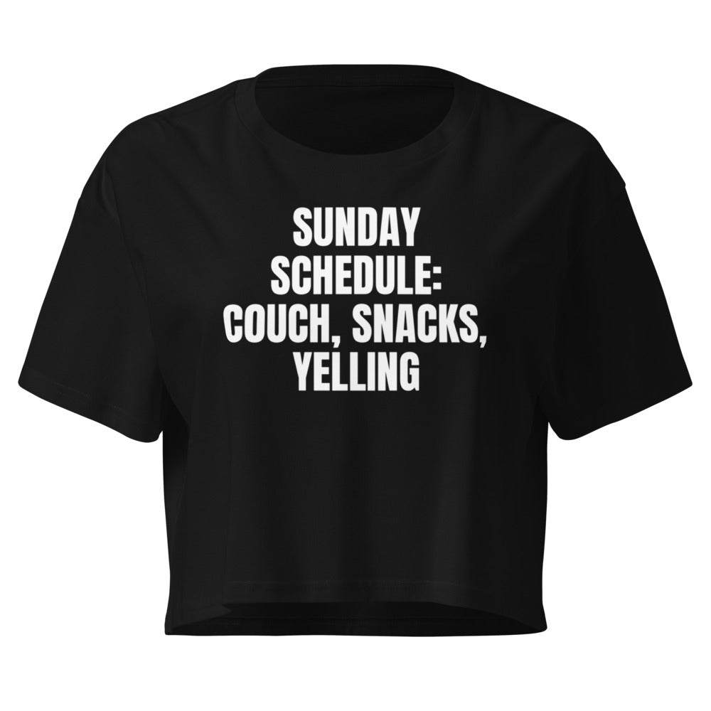 SUNDAY SCHEDULE: COUCH, SNACKS, YELLING crop top, black