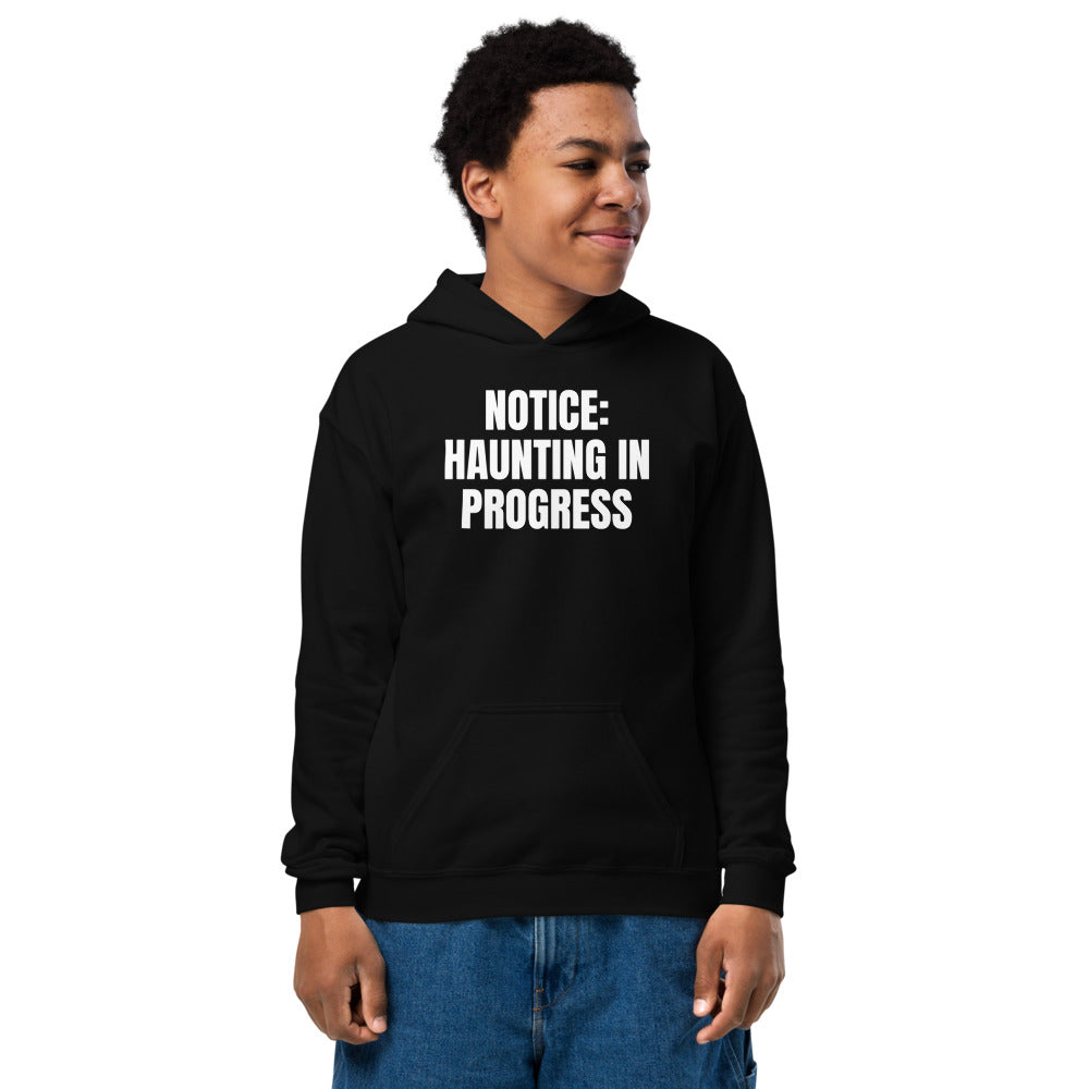 NOTICE: HAUNTING IN PROGRESS kids hoodie, black
