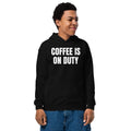 COFFEE IS ON DUTY kids hoodie, black