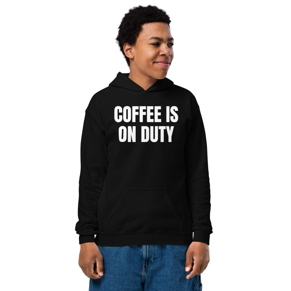 COFFEE IS ON DUTY kids hoodie, black