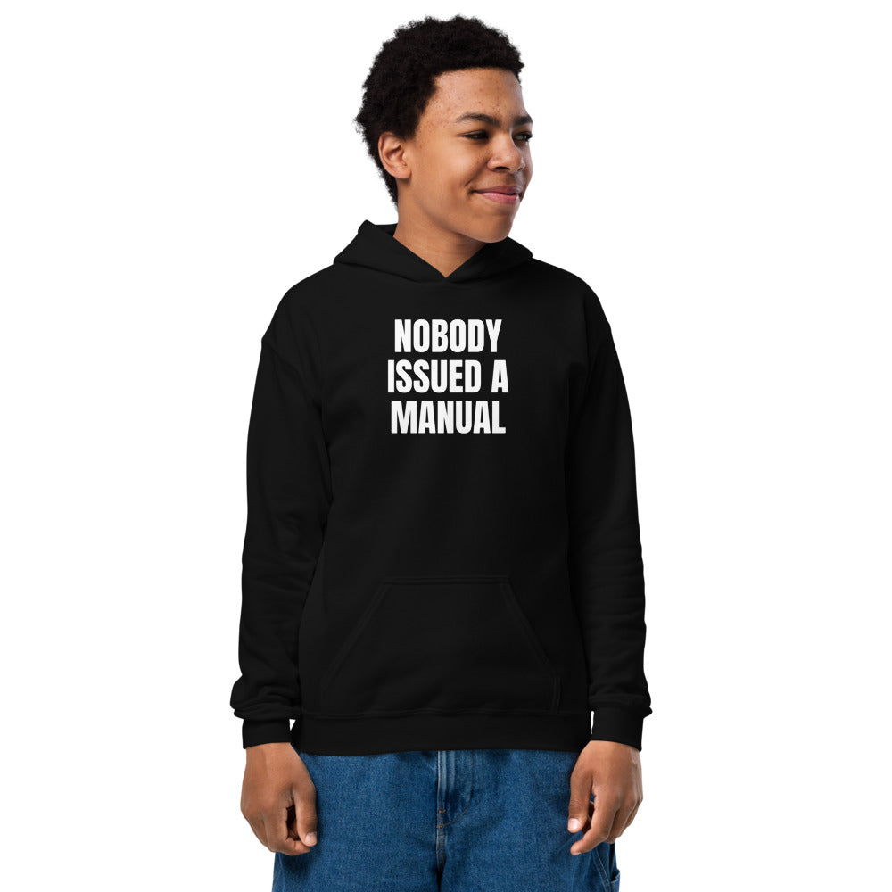NOBODY ISSUED A MANUAL kids hoodie, black