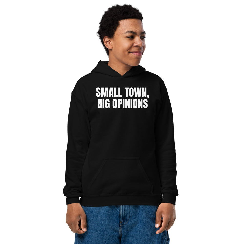 SMALL TOWN, BIG OPINIONS kids hoodie, black