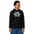 CLOSING EARLY, OPEN LATE-ISH kids hoodie, black