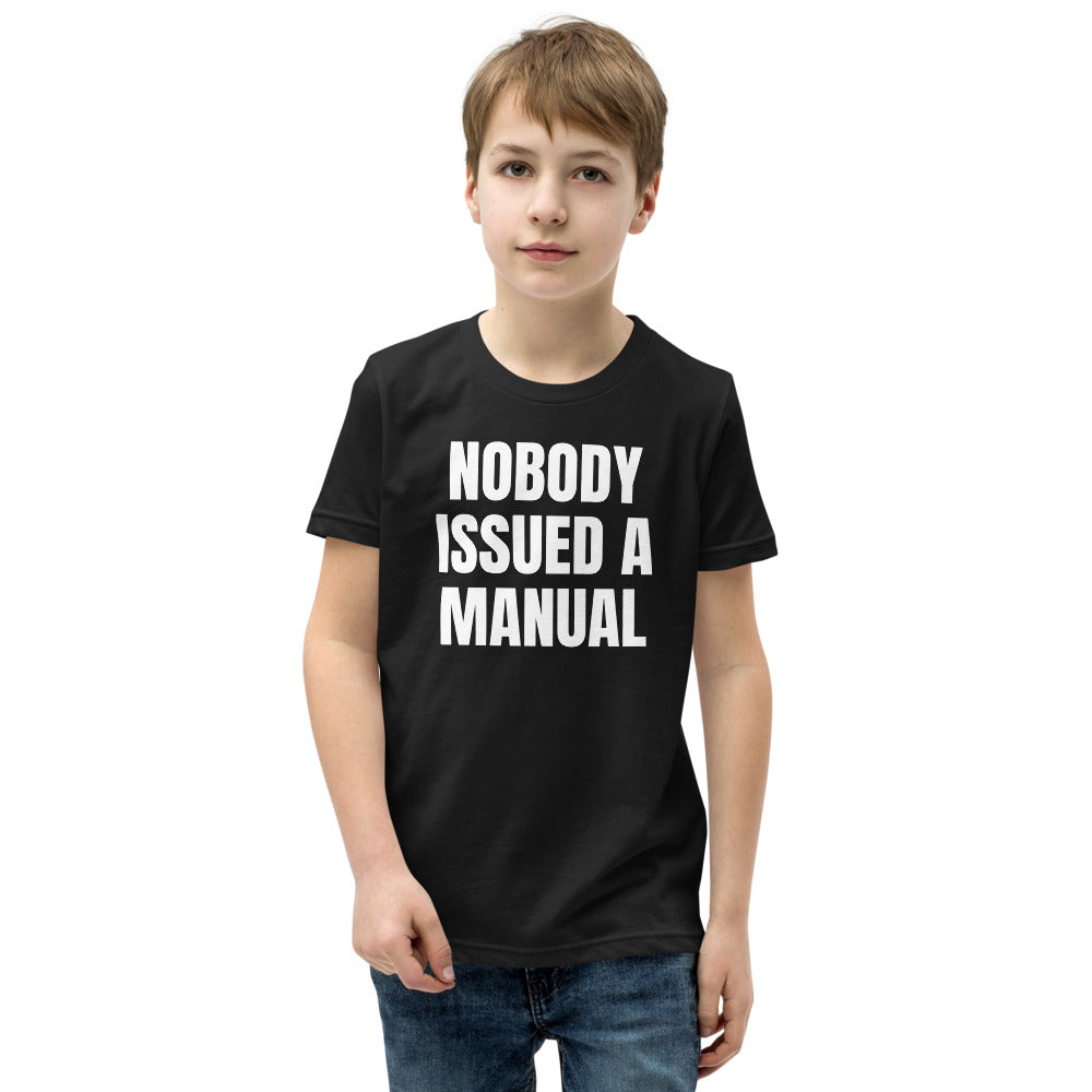 NOBODY ISSUED A MANUAL kids tee, black